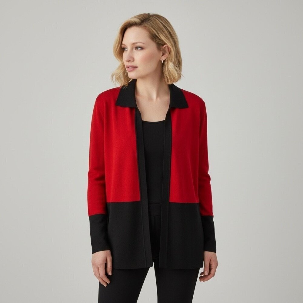 Misook Red & Black Colorblock Knit Open Front Jacket Cardigan FLAW Size Medium